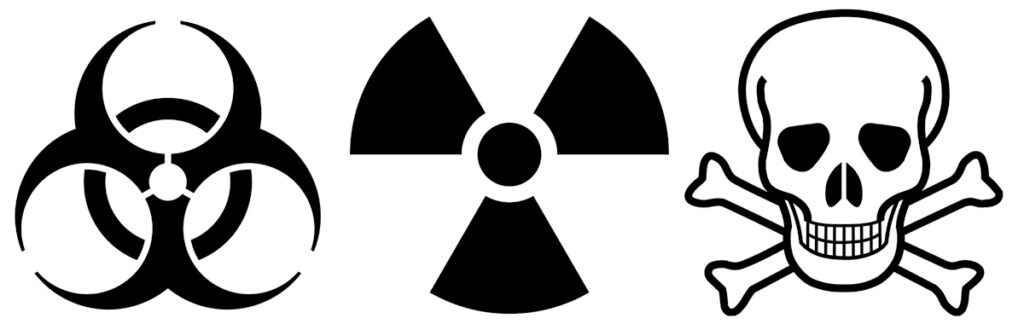 Biohazard symbol; nuclear trefoil, skull and crossbones
